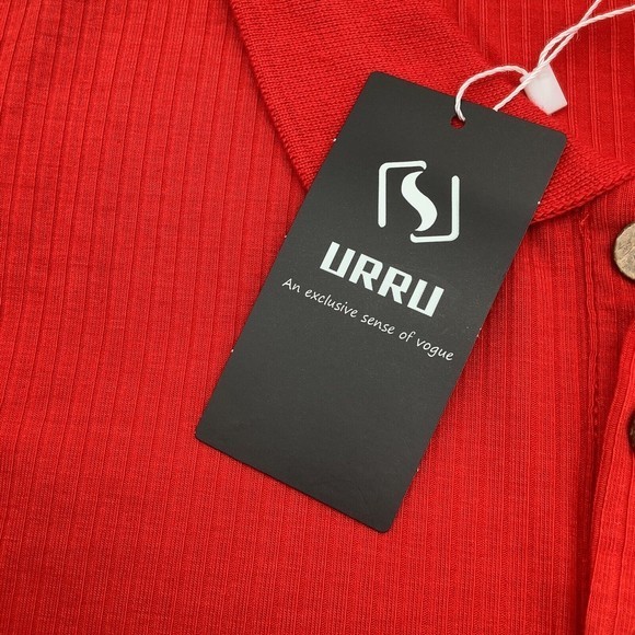 URRU Mens Ribbed‎ Textured Short Sleeve Polo Red Size Large - Picture 4 of 7
